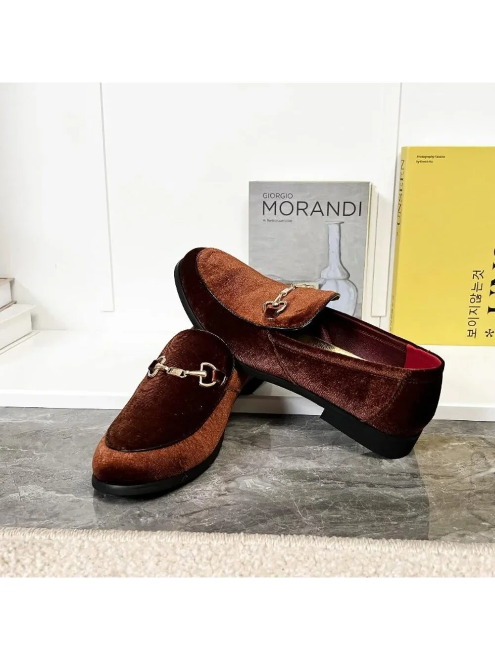 LCQL Men's Brown Leather Velvet Loafer Gold Buckle Slip On Comfortable Shoes
